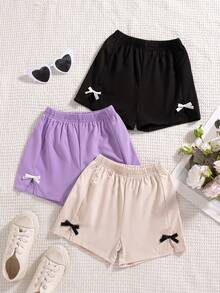 3pcs/Set Girls Casual Outgoing Fashion Bow Tie Printed Decoration Straight Shorts, Spring/Summer - Multicolor - View 1