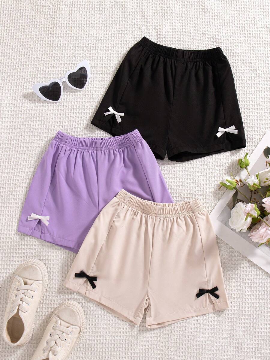 3pcs/Set Girls Casual Outgoing Fashion Bow Tie Printed Decoration Straight Shorts, Spring/Summer - Multicolor - View 1