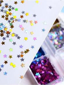 6格全息星形美甲亮片，闪耀五角星3毫米美甲亮片，PET薄亮片，适用于DIY树脂 - 彩色 - 查看 5