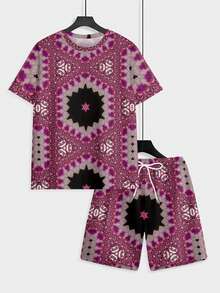 Two-Piece Vibrant Knitted Fabric With Rich & Bold Hues, Men's Short-Sleeve T-Shirt And Beach Shorts Set For Holiday Trips & Beach Gatherings In Summer, Red, Blue & Purple Contrast Geometric Pattern - 彩色 - 查看 6