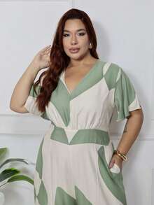 Women's Plus Size Printed Long Jumpsuit, Wide Leg, Short Sleeve, V-Neck, Front Gathering, Comfortable - Olive Green - View 4