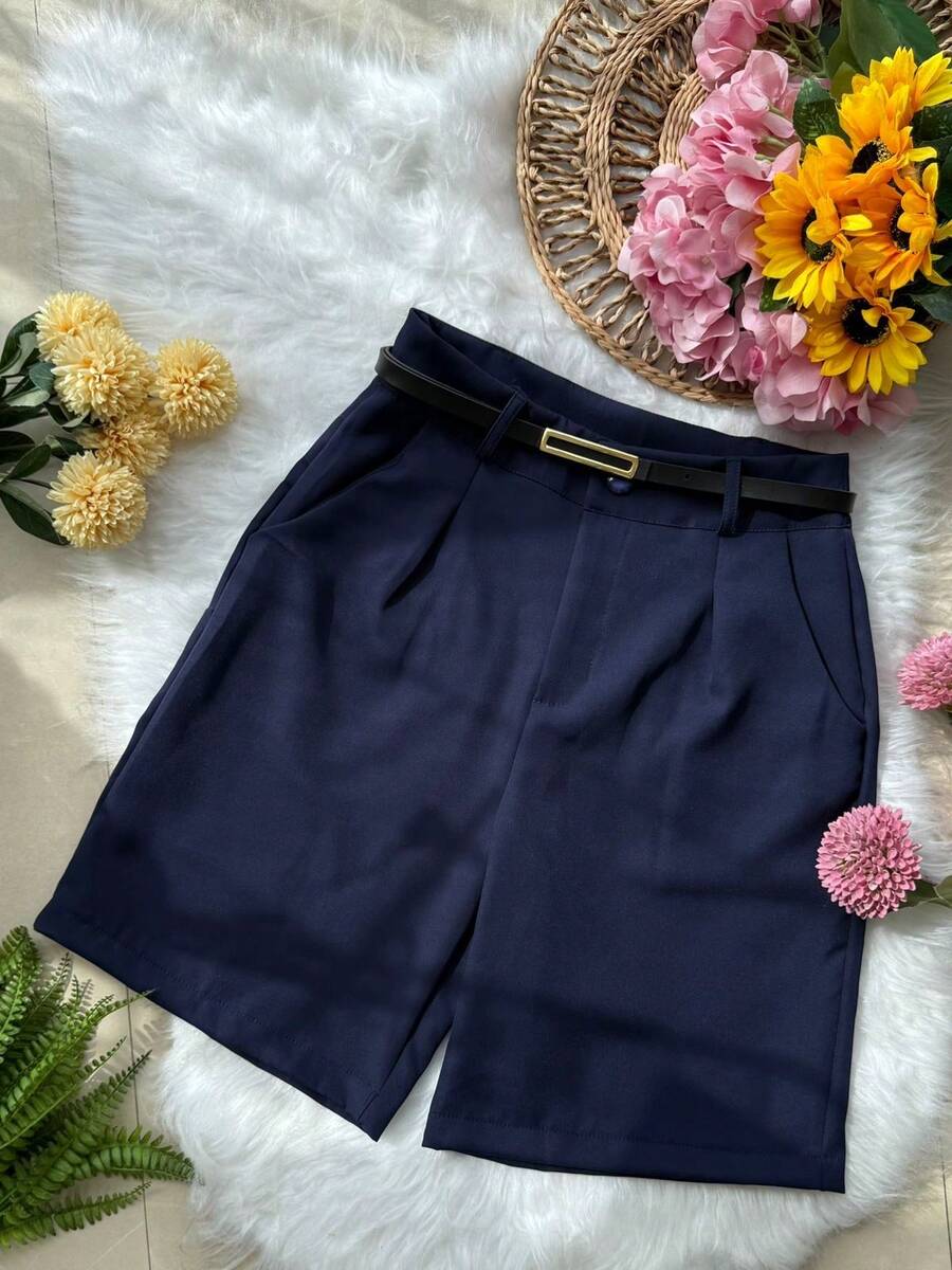 Women's Tailored Bermuda Shorts With Belt, Zipper, And Bag - 寶藍色 - 查看 1