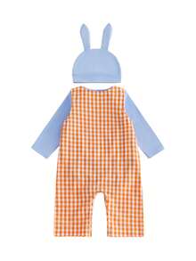 Conjunto de Pascua para bebé niño, mono de manga larga con bordado a cuadros, pantalones y gorro. - Azul - Ver 2