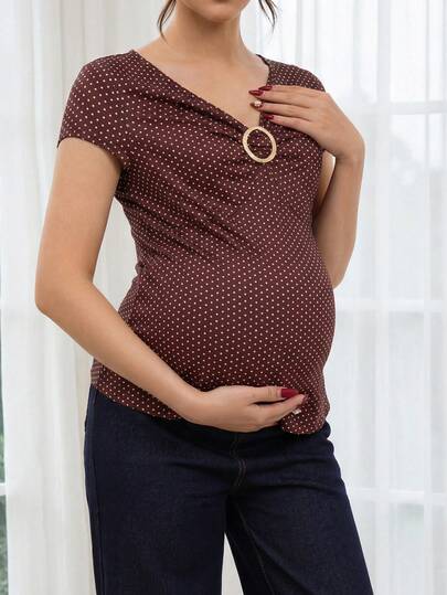 Maternity Nursing Tops, Polka Dot V Neck Short Sleeve Stretchy Pregnancy Shirts, Breastfeeding Tops For Daily Indoor Outdoor Wear