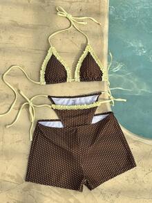 Sultry Sol 3pcs Women Bikini Swimwear, Casual Polka Dot Pattern Beach Swimwear, Brown & Yellow Shorts, Fashionable For Outdoor, Fitness, Daily Wear, Y2K, 2000s - Brown - View 6