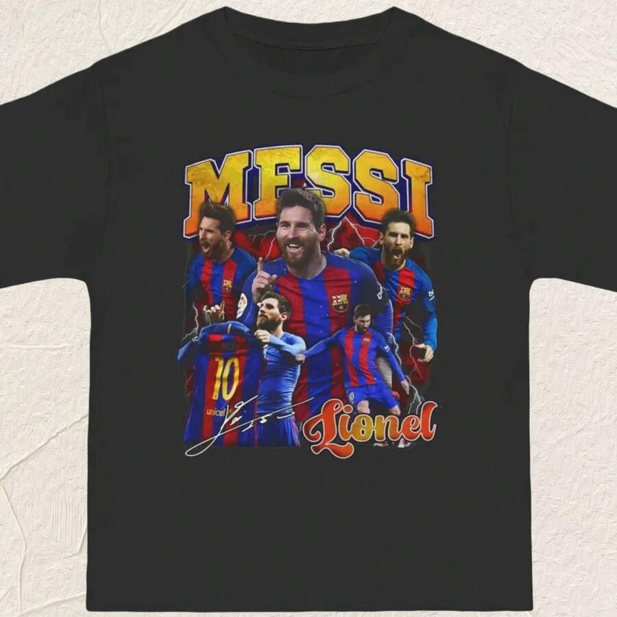 Barcelona Graphic T-Shirt  Oversized Retro Barça Tee  Football GOAT Shirt  Vintage Streetwear For Messis Fans1 - 黑色 - 查看 1