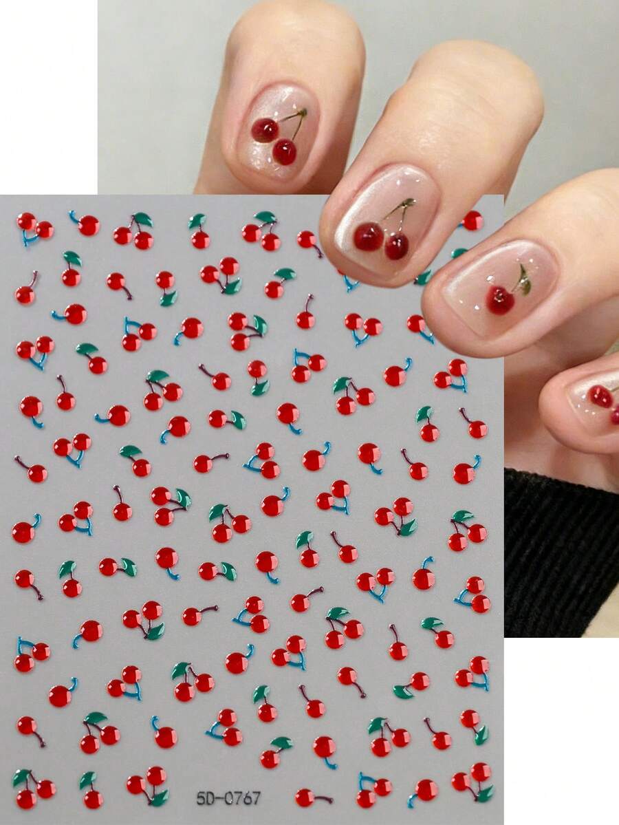 1张5D甜美红樱桃美甲贴纸 可爱果冻浮雕自粘美甲贴花装饰设计 卡哇伊美甲用品 - 紅色 - 查看 1
