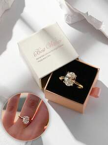 精美礼盒装简约立方氧化锆戒指，女士订婚派对百搭高端珠宝，铜质材质，不褪色，防过敏，理想的节日礼物 - 金色 - 查看 7