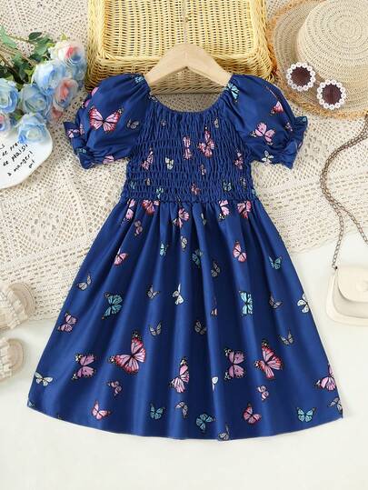 Young Girl' Butterfly Pattern Puff Sleeve Dress, Sweet Princess Style, Suitable For Daily Wear, Vacation, Birthday Party, Holiday Occasions
