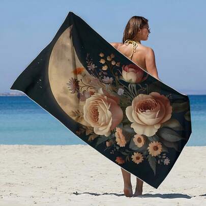 1pc Printed Beach Towel, Floral Pattern Swimwear Towel, Soft And Absorbent Microfiber Towel, Suitable For Bathroom, Swimming, Fitness, Yoga, Lightweight And Portable, Wind/Sun/Sand Proof, Great For Summer Travel, Vacation, Bathroom Decor