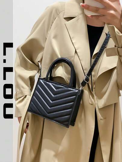 纯色绗缝手提包，新款褶皱设计女士包，菱形绗缝小方包，适合居家、购物、通勤，时尚大容量简约休闲单肩斜挎包