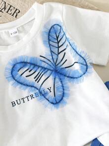 2 piezas Conjunto casual y cómodo para niñas, Blusa con estampado de mariposa + Falda plisada con decoración de moño en efecto denim, Conjunto casual de verano - Azul - Ver 6