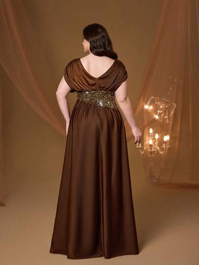 Mgiacy Plus Size Brown Satin Sequin Waist V-Neck Short Sleeve A-Line Maxi Dress,Elegant Women's Summer Gown For Wedding,Prom,Party,Vacation & Festival