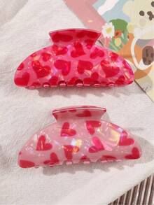 2个/套 情人节粉色醋酸纤维可爱爱心卡通印花半圆形发夹 派对发夹 中号 女士发饰 优雅发夹 时尚发夹 - 彩色 - 查看 2