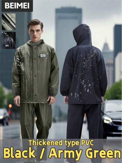 Men's High-Quality Full Zip Rainsuit - Durable All-Weather Motorcycle And Outdoor Gear, Full Zip PFC Coated PVC Jacket And Pants, Windproof And Waterproof, Easy To Clean (No Washing Required), Suitable For Hiking, Work - Available In Green/Black