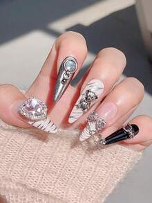 10pcs Y2K Chic Press-On Nails, Almond Shaped French Manicure, Metallic Punk Nail Stickers, Reusable Acrylic Nail Art Decals, Suitable For Party, Cosplay, Daily Wear - Includes Nail Glue And File Nail Supplies - Multicolor - View 3