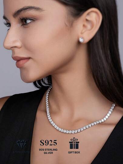 1 pieza Collar de tenis de moissanita de plata esterlina 925, cadena de clavícula para mujer, regalo para el Día de la Madre, San Valentín, compromiso, boda, aniversario, cumpleaños, uso diario