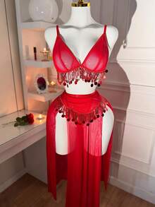 SOFUSEN 2 Sets Hollow Out Sequin Long Lingerie, Elegant Soft Comfortable, Romantic Party Style, Suitable For All Seasons, Couple Gift - Red - View 4