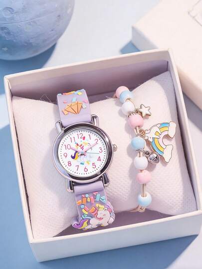 2pcs/Set Girls' Luminous Watch - Cartoon Unicorn Quartz Watch & Beaded Unicorn Bracelet (No Box)