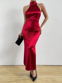 1pc Sexy Backless Round Neck Sleeveless Elegant Maxi Dress, Fitted Halter Neck Bodycon Dress, New Arrival 2025 European And American Cross-Border Summer Party - Burgundy - View 5