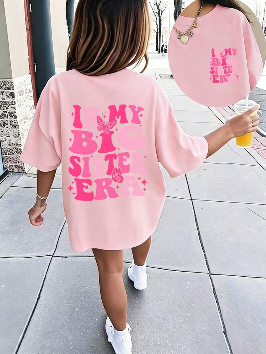 青少年女孩“在我的大姐姐时代”标语印花圆领T恤，夏季上衣 - 粉色 - 查看 1
