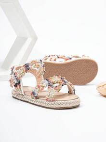 1 Pair Fashion Straw Woven Girls Sandals, Lace Rope Braided Flat Design Cute Baby Shoes, Suitable For Spring, Summer, Autumn Wear With Dresses - White - View 6