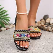 女士黑色绑带拖鞋，舒适家居拖鞋，适合夏季居家穿着，新款金色女士拖鞋，女士平底凉鞋，舒适拖鞋，时尚简约设计 - 黑色 - 查看 8