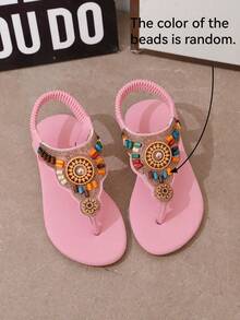 1双时尚儿童水钻凉鞋，手工镶钻单脚波西米亚风沙滩凉鞋 - 粉色 - 查看 2