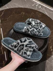 豹纹露趾交叉拖鞋，女士室内家居防滑卧室地板时尚拖鞋，男女通用，四季皆宜 - 灰色 - 查看 6