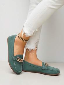 Women's Round Toe Slip-On Flat Comfortable Driving Loafers, Spring/Autumn New Casual Versatile Lightweight Chain Low-Top Loafers - Green - View 5