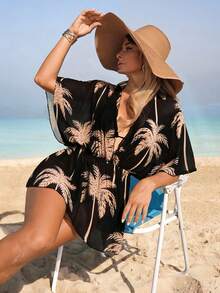 Áo kimono lưới xuyên thấu in họa tiết cây cọ dành cho nữ, cổ chữ V, tay cánh dơi, áo khoác ngoài bikini mùa hè chống nắng cho kỳ nghỉ. - màu đen - Xem 3