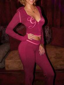 Women's Casual Graphic Print "Girl" Zip-Up Hoodie And Pants Set, Street Style Sporty Long Sleeve 2-Piece Outfit, Suitable For Party And Gathering Wear, Autumn - 玫紅色 - 查看 8