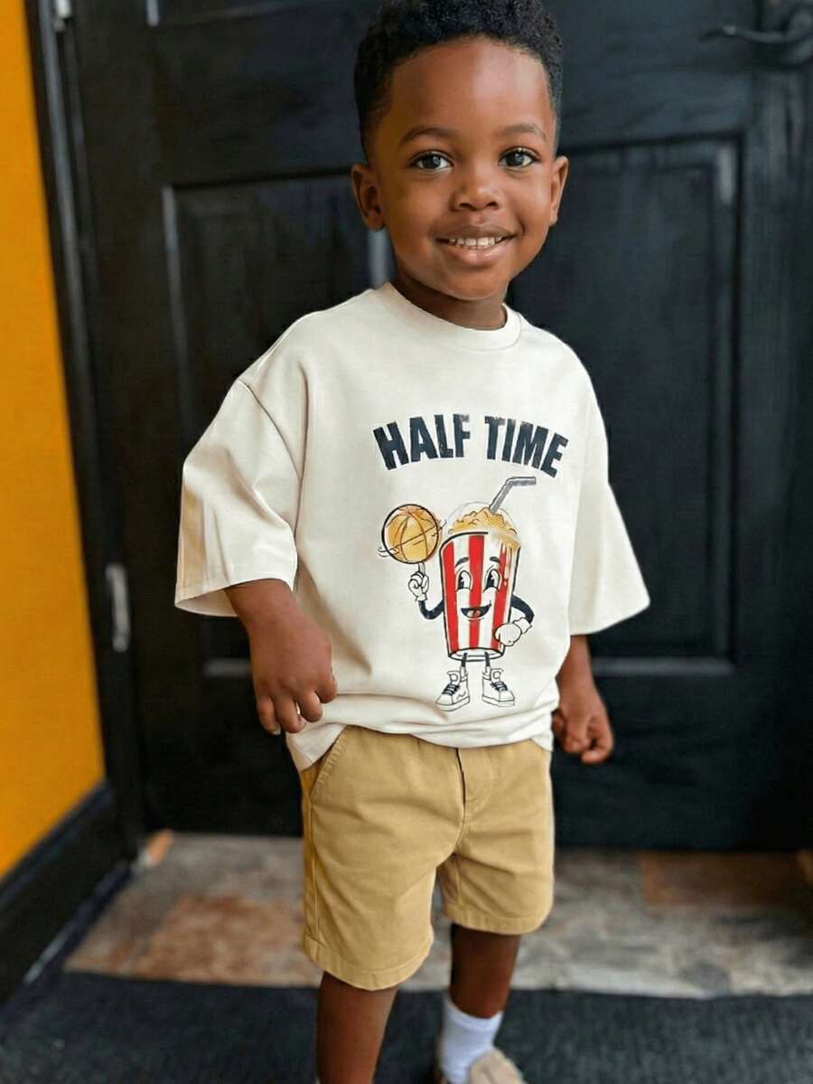 1件装男童休闲印花圆领短袖T恤，夏季学生装 - 一款百搭T恤，为每个孩子带来欢乐和幸福！ - 杏色 - 查看 1