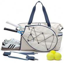 Tennis Travel Bag for Women with Exterior Drawstring Racket Pocket and Separate Shoe Compartment Weekend Bags with Wet Pocket and Laptop Pocket - Beige - Ver 1
