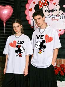 Disney Valentine's Day 180 Cotton Comfortable Short-Sleeved Casual Couple's Heart-Printed T-Shirt - trắng - Xem 1