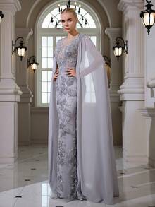 Rochie maxi elegantă, sexy, cu model sirenă, cu paiete și mărgele, brodată, cu decolteu rotund, potrivită pentru cocktailuri, gală, nunți, ocazii formale, primăvară - Gri deschis - Vizualizare 6