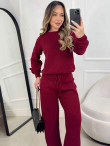Ribbed Knit Set In Mousse Fabric: Wide-Leg Pants With Adjustable Drawstring + Puff Sleeve Blouse - Winter - Red - View 2