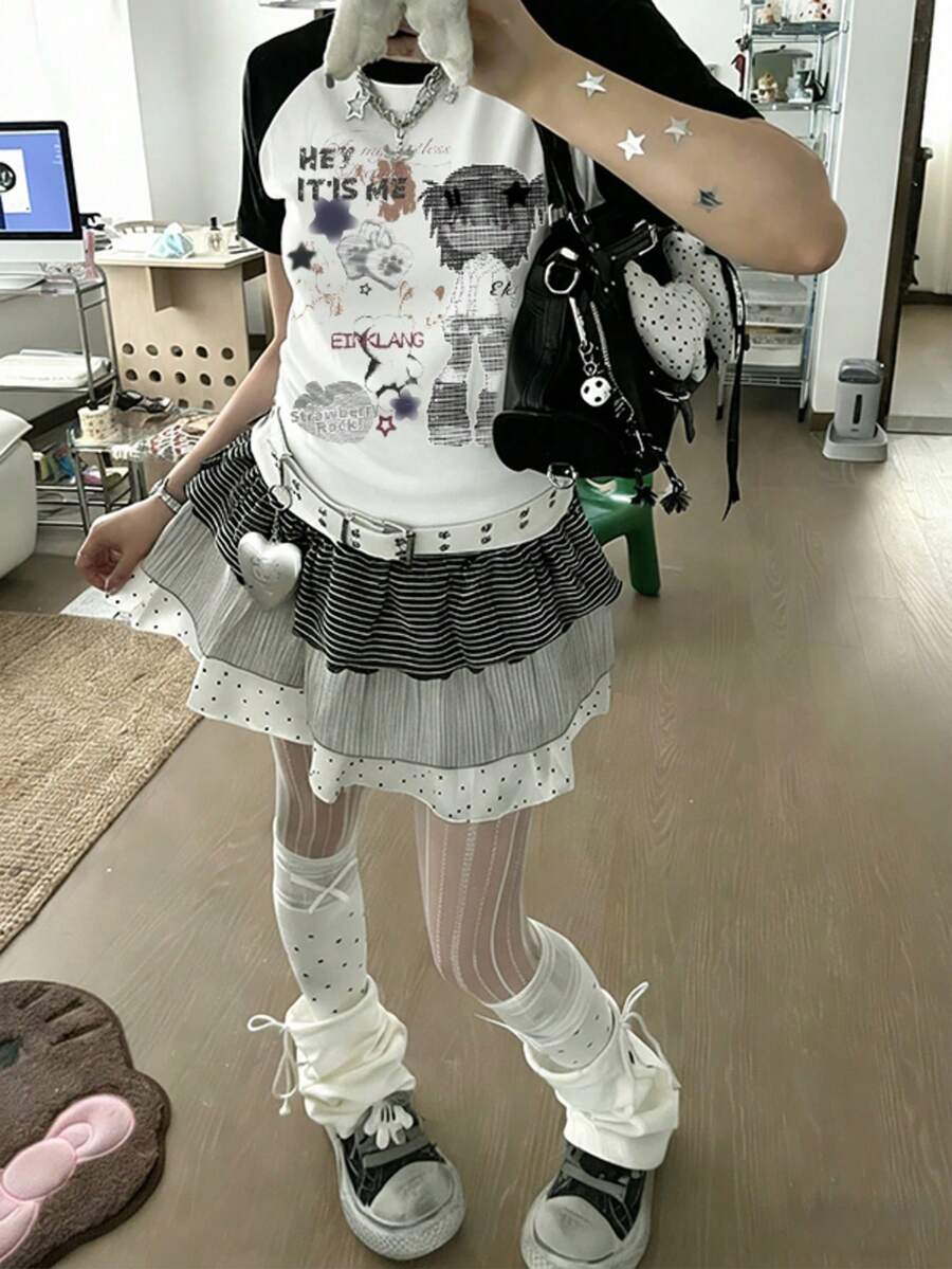 Y2K Grunge Rock Raglan Sleeve Anime Graphic T-Shirt, Women Loose Retro Graffiti Print Casual Street Wear Short Sleeve Top - White - View 1