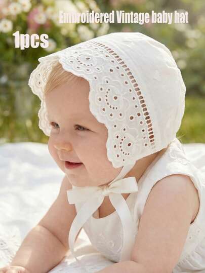1pc Vintage Palace Style Beige Embroidered Lace Baby Bonnet, 0-3M 3-6M Months (Beige/White Vintage Lace Baby Bonnet For Newborn Girls, Heirloom Christening & Photography Hat With Delicate Intricately Artistic Fine/Detailed Embroidered Floral Design, Ultra-Soft Photo Prop)
