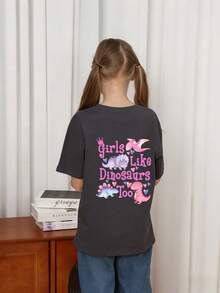 女童休闲印花圆领短袖T恤，夏季上衣 - 深灰色 - 查看 2