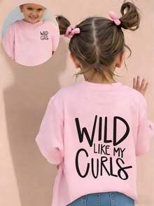 Young Girl Casual Graphic Print Crew Neck Short Sleeve T-Shirt, Summer Top - Pink - View 1