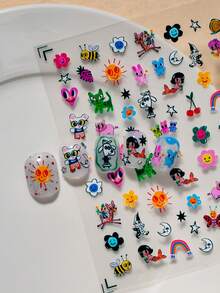 1张街头涂鸦卡通美甲贴纸，包含彩虹、太阳、爱心、花朵、星星、蜜蜂、鬼脸、趣味人物、蜗牛元素，色彩鲜艳，适合打造吸睛、独特、甜美又酷炫的美甲设计。 - 彩色 - 查看 3