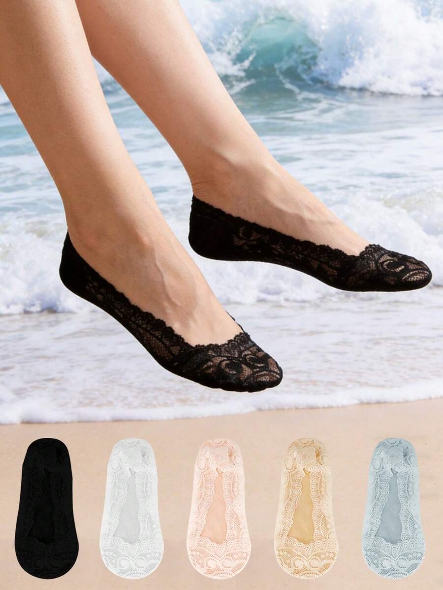 1/5/10双装女士夏季透气清爽网眼钩扣花朵硅胶防滑不易脱落船袜