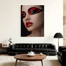Arte de Pared Moderno de Retrato de Mujer en 2D Plano, 1 Pieza con Maquillaje de Ojos Geométrico Audaz y Labios Brillantes - Tinta sobre Lienzo, Marco Envolvente, Decoración ModernaArt Deco Adecuada para Sala, Dormitorio, Oficina - Pinturas de Rostro Femenino - Enmarcado - Ver 3
