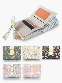 Flower Printing Women Slim Wallet Bifold Card Holders Coin Purse With Zipper Pocket PU Leather Large Capacity - Multicolor - View 1