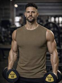 Men's Solid Color Sleeveless Fitness Tank Top, Muscle Fit Training Shirt Summer - Camel - View 2