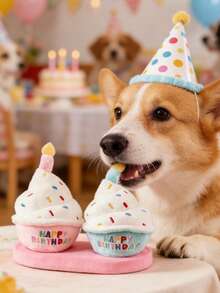 1个逼真生日蛋糕玩具，带音效，“生日快乐”刺绣，内置BB弹装置和沙沙作响的纸片，心形刺绣，3D生日蜡烛，生日派对拍照道具，宠物互动玩具，适合猫狗，生日/派对礼物 - 粉色 - 查看 3