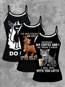 Bộ 3 áo hai dây mỏng ôm sát gợi cảm mùa hè mới dành cho nữ, in hình mèo dễ thương, kiểu dáng lười biếng, ngọt ngào, quyến rũ, màu tối. - Nhiều màu - Xem 3