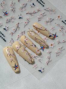 1pc New Chinese Style Nail Art Sticker, Featuring White Flowers, Flying Birds As The Main Elements, Paired With Oriental Text And Classical Poems, Exuding Elegant Oriental Aesthetics, Suitable For Those Who Enjoy Chinese Style, Refined And Sophisticated Manicure Nails Nail Stickers - Multicolor - View 6