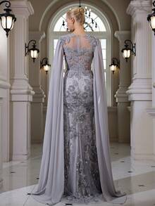 Rochie maxi elegantă, sexy, cu model sirenă, cu paiete și mărgele, brodată, cu decolteu rotund, potrivită pentru cocktailuri, gală, nunți, ocazii formale, primăvară - Gri deschis - Vizualizare 4